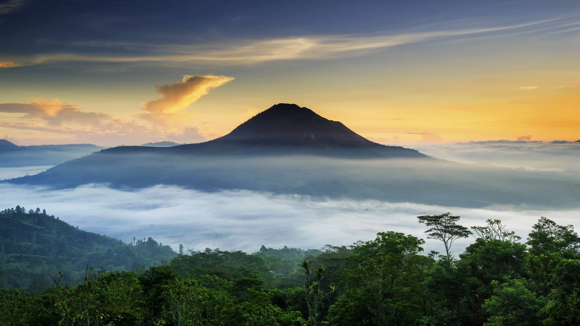 A view of Mount Batur at sunrise