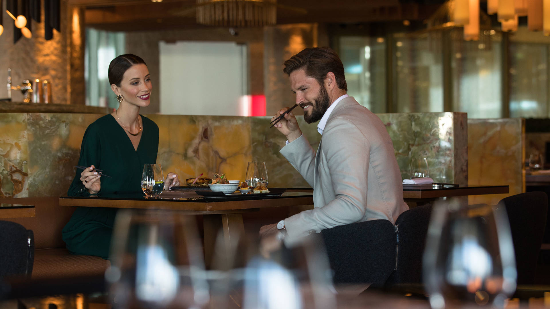 Couple in the Tori No Su Restaurant at Jumeirah Etihad Towers